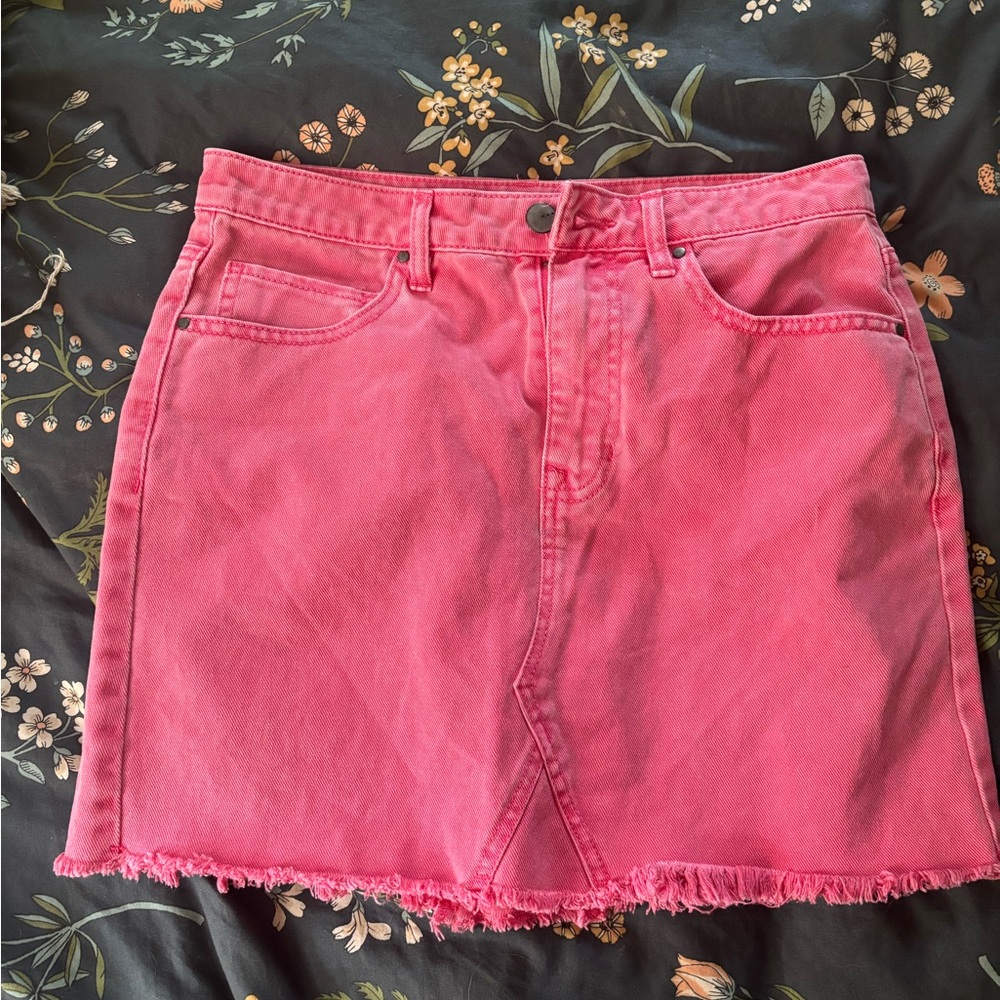 TGLA Pink Raw Hem Denim Mini Skirt